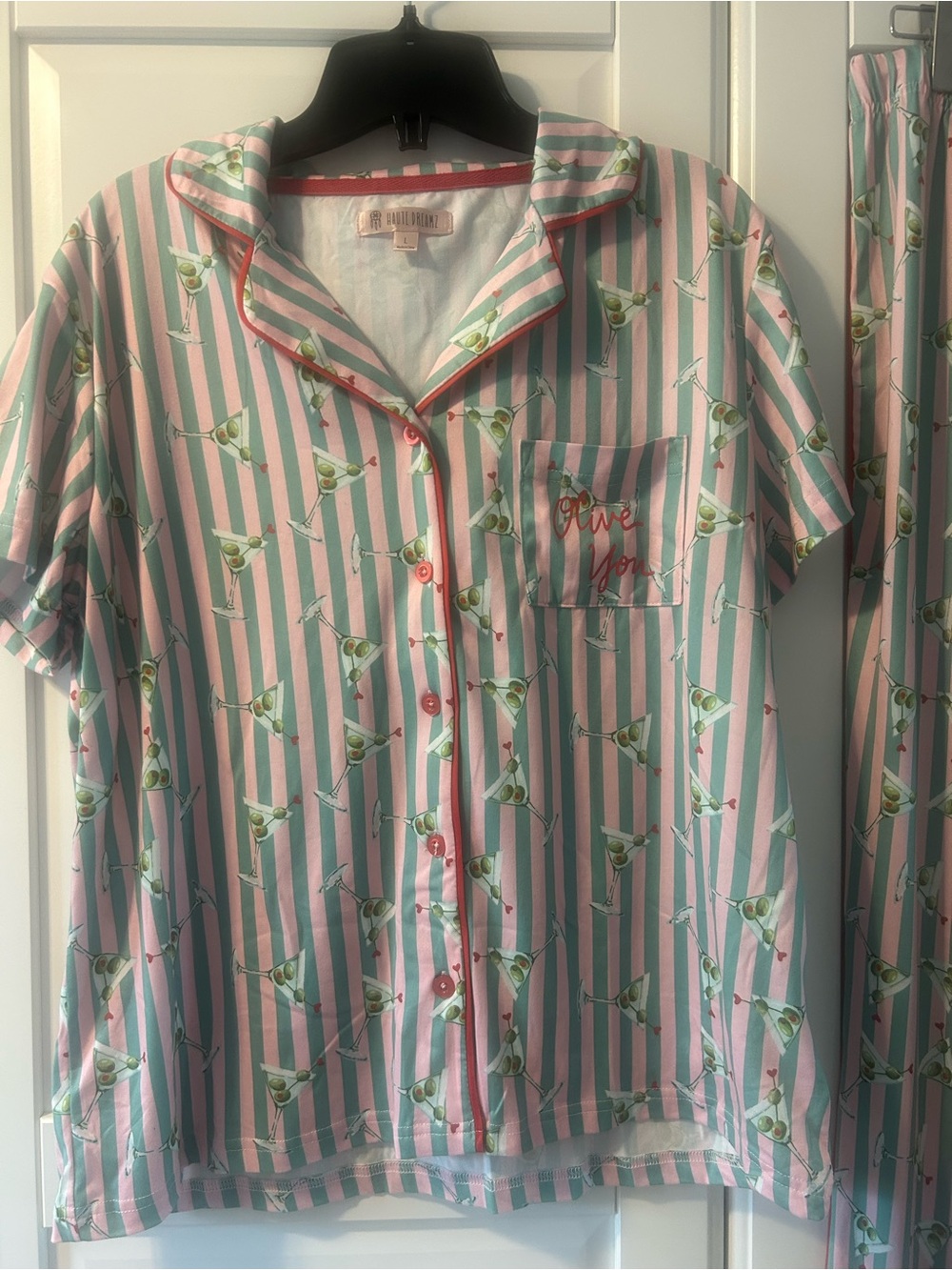 Women's Pink & Mint Striped Button-Front Pajama Top with Martini Print